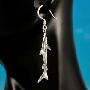 Sterling Silver, Diamond Cut, shark dangle earrings: 1 1/4" long + 5/8" ear wire