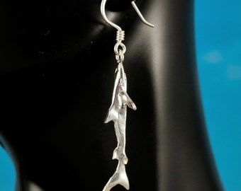 Silver Shark earrings , 1 7/8" long w/wire .925 Sterling Diamond Cut shark dangles gift for her, Sea life jewelry Fast Free Shipping