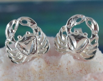 Silver crab post earrings 9/16" x 7/16"wide. Diamond Cut .925 Sterling small Blue crab studs. Sea life Jewelry, Fast Free Shipping charm