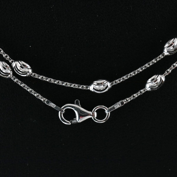 925 silver 1mm Cable anklet. Sterling Diamond cut bead necklace for her, Made in Italy fast & free shipping, Lobster lock Rhodium plated