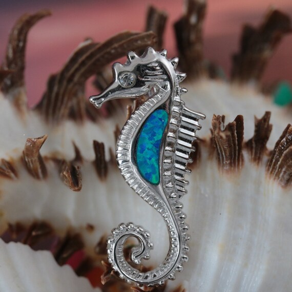 Sterling Silver Blue Opal Seahorse Slide Pendant Sterling Silver Blue Opal Seahorse Slide Pendant
