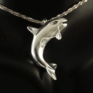 Silver Orca slide 1 1/8&quot; tall .925 Sterling Diamond cut killer whale pendant, Sea life Jewelry, Fast free Shipping.