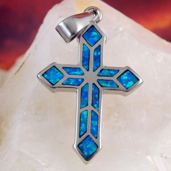 Pendentif croix en argent, 1 3/8" de long avec caution. 925 sterling finition rhodiée bleu opale breloque croix, crucifix religieux bijoux livraison rapide gratuite