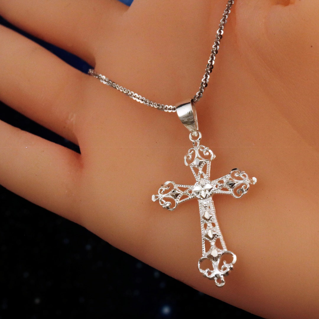 Silver Cross Pendant, 1 5/8 .925 Sterling Polished Filigree Diamond Cut
