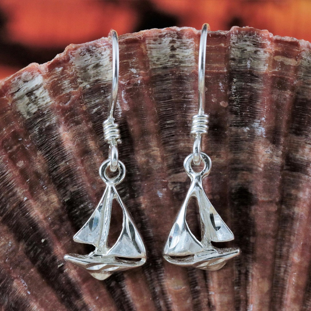 Silver Sailboat Dangle Earrings, 1 Long Diamond Cut .925 Sterling Small