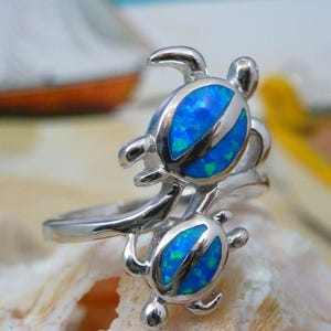Sterling Silver Two Turtles Ring:3/4&quot; tall Rhodium plated Blue Opal Sea Life Jewelry