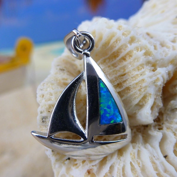 Sterling Silver Sailboat pendant • 1 1/16" Opal Sailboat with Rhodium finish • Nautical jewelry • free fast shipping • Sailing jewelry gift