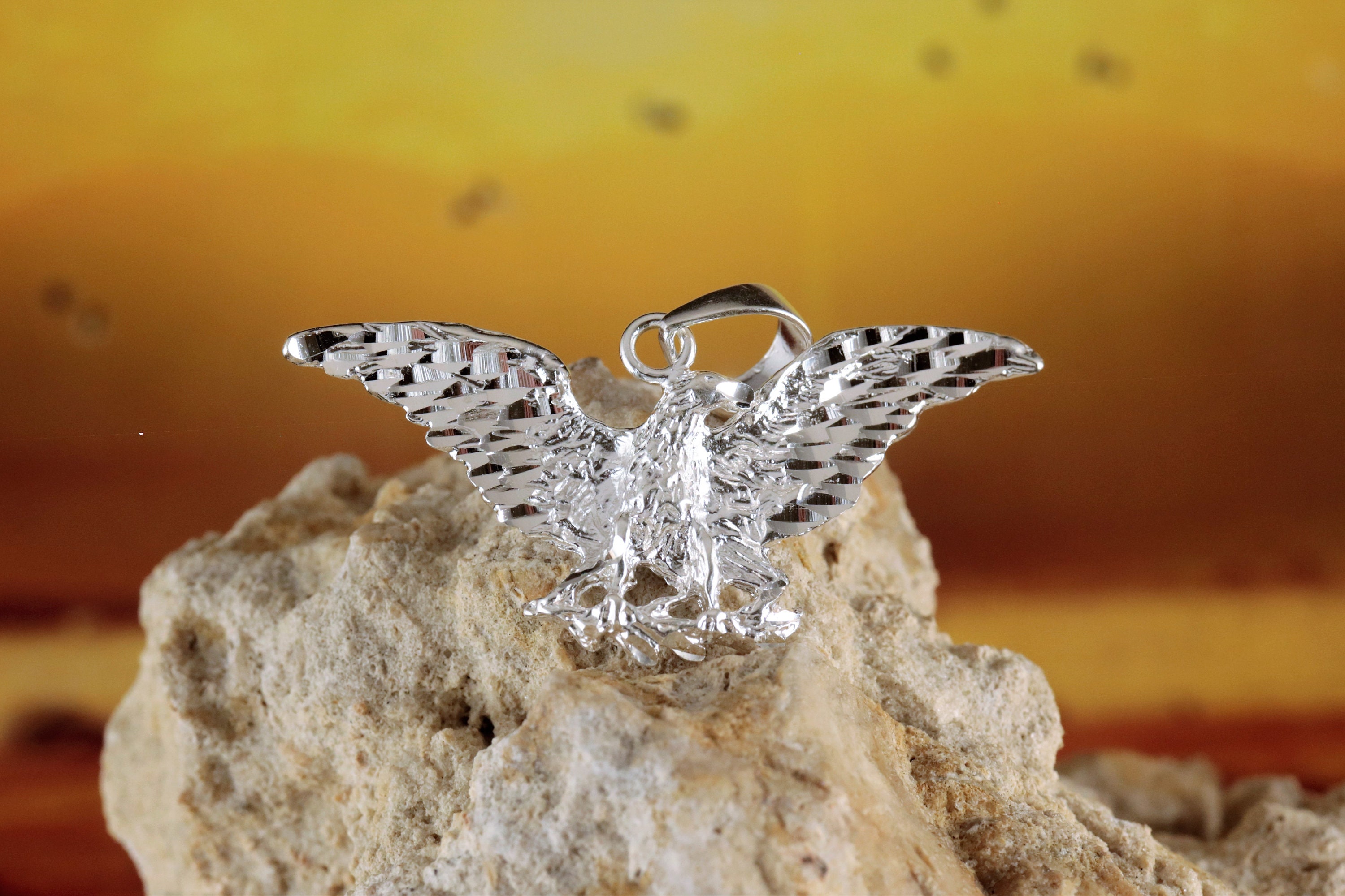 Silver Eagle Pendant, 1 3/4 Wide Sterling Bald Eagle Charm Gift