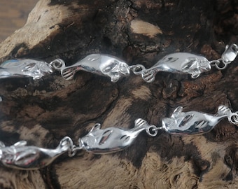 Silver Manatee link Bracelet, 925 Sterling sea cow diamond cut, fast free shipping, lobster claw, adjustable  7 3/4"- 8 1/2" manatee gift