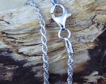 24" Sterling Silver, Diamond cut, Rhodium plated, Italian rope Chain. 1.4mm, lobster claw lock