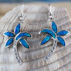 Silver palm tree earrings, 1 3/8" long w/wire .925 Sterling Rhodium finish blue Opal CZ tropical beach souvenir jewelry Fast free shipping,