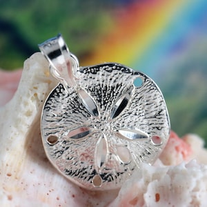 Silver Sand Dollar pendant, 5/8&quot; tall + 1/4&quot; bail Diamond cut .925 Sterling  charm, fast Free Shipping • Sea biscuit marine life jewelry