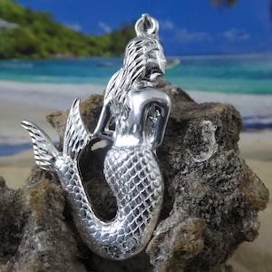 Sterling large Mermaid Pendant, 2 1/2&quot; w/bail .925 silver Diamond Cut siren, 1/2 ounce, Free FAST Shipping. mermaid gift