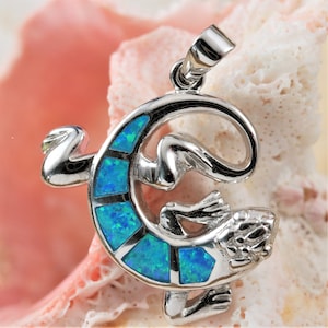 Silver lizard pendant, 1 1/16&quot; + 1/4&quot; bail .925 Sterling blue Opal, Rhodium plated gecko pendant, reptile Jewelry, Fast Free Shipping.