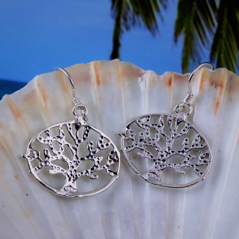 Silver Tree of life earrings, 1 7/16 tall .925 Sterling diamond cut framed family tree dangle earrings gift for her. Fast free shipping image 3