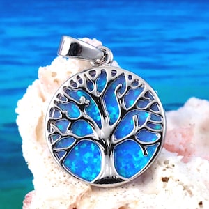 Sterling Silver Opal Tree of Life Pendant, Rhodium Finish