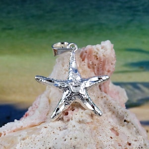 Silver Starfish Pendant 1&quot; + 3/16&quot; long bail x 15/16&quot; wide Diamond Cut solid .925 Sterling sea star charm gift for her, Fast free shipping