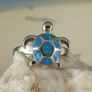 Blue Opal Sea Turtle Ring: Rhodium Plated Sterling Silver 5/8&quot; tall