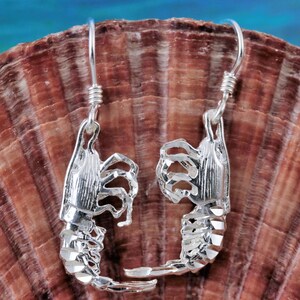 Silver Shrimp wire earrings • 1 3/8" long w/wire 3-D Diamond cut .925 Sterling shrimp dangles gift for her•  crustaceans, Fast Free Shipping