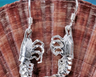 Silver Shrimp wire earrings • 1 3/8" long w/wire 3-D Diamond cut .925 Sterling shrimp dangles gift for her•  crustaceans, Fast Free Shipping