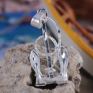 Silver Navy anchor, 1 1/4&quot; + 1/4&quot; bail 3-D Diamond cut .925 Sterling Danforth Stockless Anchor with rope pendant fast free shipping