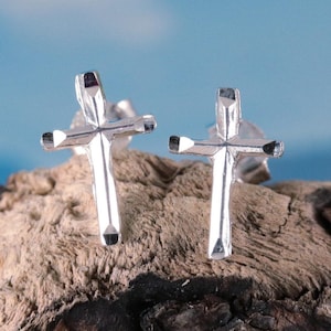 Sterling Silver Diamond cut small Cross studs 7/16" long, 1/4" wide