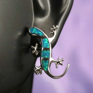Silver opal Gecko studs, 3/4" long Rhodium plated .925 Sterling blue Opal Hawaiian Gecko lizard post earrings jewelry, fast Free Shipping