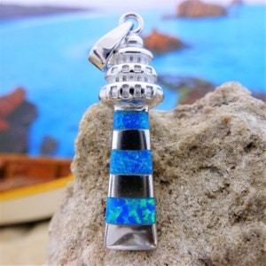 Silver Lighthouse pendant. 1 1/2&quot; tall with bail, blue Opal .925 Sterling gift for her, fast free shipping, nautical jewelry, Rhodium finish