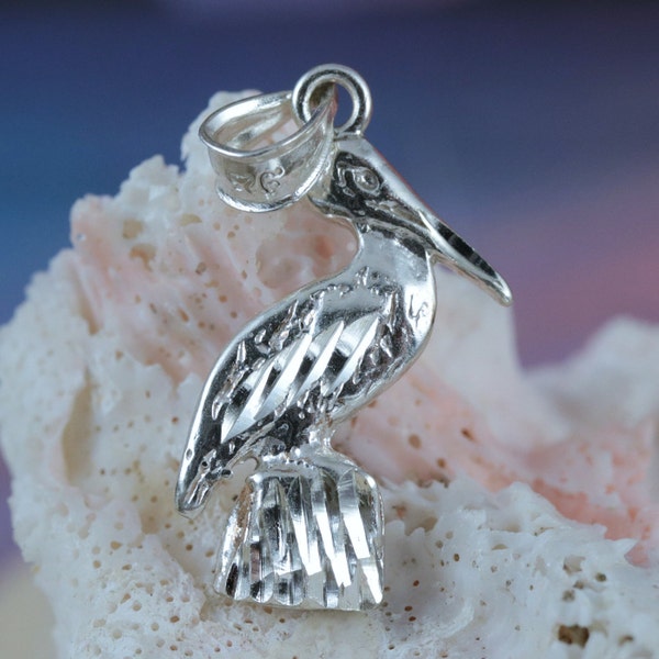 Silver Pelican pendant. 1" tall w/bail Diamond cut .925 Sterling 3-D, pelican sitting a on dock piling. Fast free shipping, seabird jewelry.