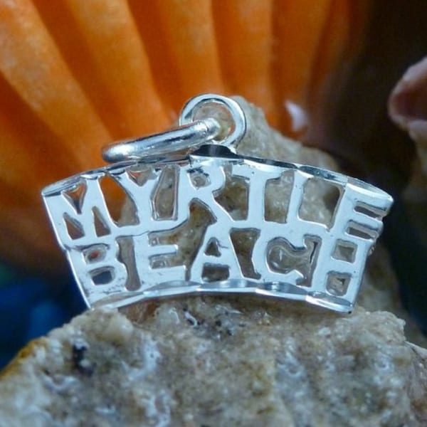 Silver Myrtle Beach charm. 5/8" x tall w/bail  x 3/4" wide .925 Sterling souvenir jewelry gift for her. fast free shipping.