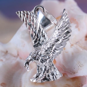 Silver Eagle pendant, 1 1/8&quot; tall w/bail .925 Sterling Bald eagle charm • Diamond cut • Fast free shipping,  eagle souvenir necklace gift