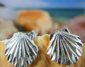Zilveren kleine coquille stud oorbellen 3/8" 925 sterling diamant geslepen, Sea Life Jewelry, snelle gratis verzending, coquille zeeschelp post cadeau voor haar