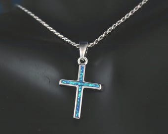 Sterling Silver Rhodium Plated Blue Opal Cross Pendant, 7/8" tall + 1/4" bail.