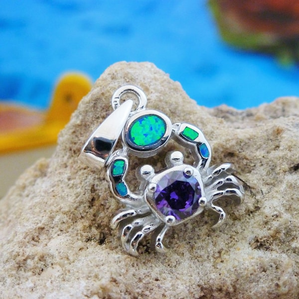 Silver Opal Crab Pendant 1" tall w/bail Rhodium plated .925 Sterling Round Tanzanite CZ, Sea life Jewelry Free Shipping, marine life jewelry