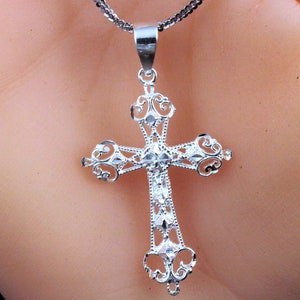 Silver cross pendant, 1 3/8&quot;  + 1/4&quot; bail Diamond cut .925 Sterling polished filigree Religious charm gift for her, Fast Free Shipping