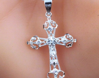 Sterling Silber, Diamantschliff, Kreuz Anhänger: 1 3/20,3 cm hoch + 1/4 Zoll Anhänger