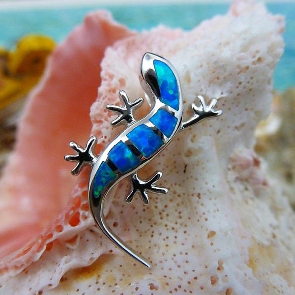 Pendentif diapositive gecko en argent 2,5 cm de haut, opale bleue sterling, cadeau charme pour elle, bijoux reptile, livraison rapide gratuite. Finition rhodiée