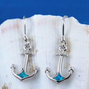 Silver Anchor earrings, 9/16&quot; + 1/2&quot; long wire Rhodium .925 Sterling Opal anchor dangle wire, Fast free shipping, maritime souvenir