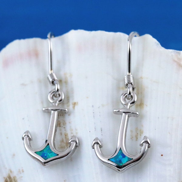 Silver Anchor earrings, 1" long w/wire Rhodium .925 Sterling Opal anchor dangle wire, Fast free shipping, nautical jewelry maritime souvenir