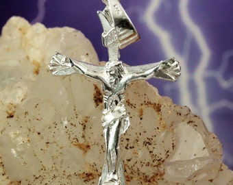 Silver Crucifix pendant, 1 7/8" long Sterling Diamond cut cross charm, Religious Jewelry gift for her, him, women, men Fast Free Shipping