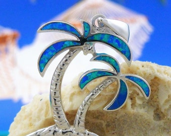 Silver palm tree Pendant, 1 3/8" w/bail Rhodium plate .925 Sterling blue Opal, Tropical jewelry, Fast and Free Shipping