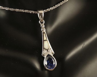 Sterlingzilveren hanger met tanzaniet, witte opaal, rhodiumafwerking