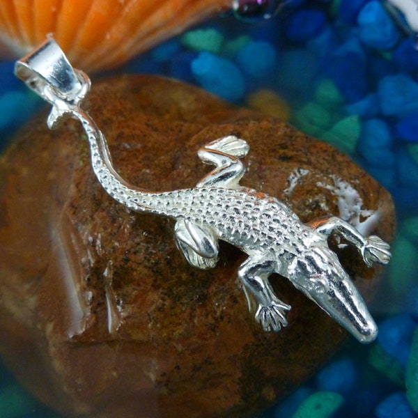 Sterling Silver alligator Pendant. 1 3/4" long, Diamond cut Florida gator charm gift for her, .925 reptile jewelry, Fast Free Shipping