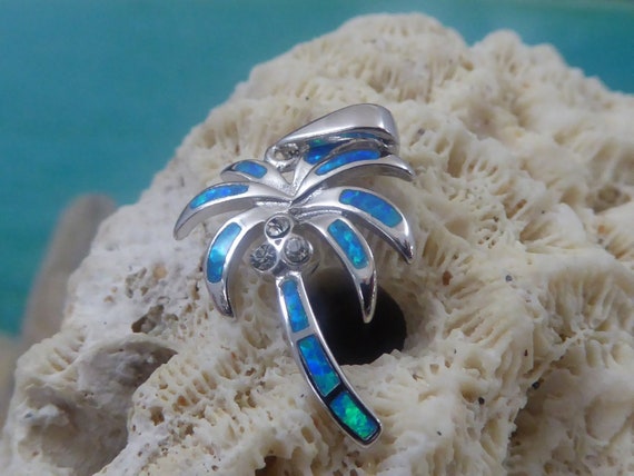 Blue Opal Palm Tree Pendant: Sterling Silver CZ Tropical Jewelry