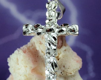 Sterling Cross pendant 1 1/2" tall Silver nugget cross, Diamond cut, Religious Jewelry • Fast Free Shipping • Christian charm gift for her