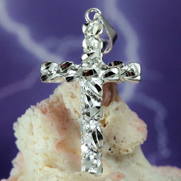 Sterling Cross pendant 1 1/2" tall w/bail .925 Silver nugget cross, Diamond cut, Religious Jewelry, Fast Free Shipping, Christian charm gift