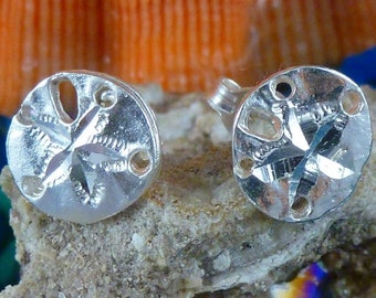 Silver Sand Dollar studs, 3/8" wide .925 Sterling, Diamond cut sea biscuit post earrings gift for her, Sea life jewelry, Fast Free Shipping