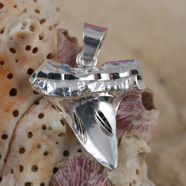 Silver Shark tooth pendant, 1" tall w/bail Diamond cut .925 Sterling Great white tooth charm, Fast Free Shipping. Shark necklace