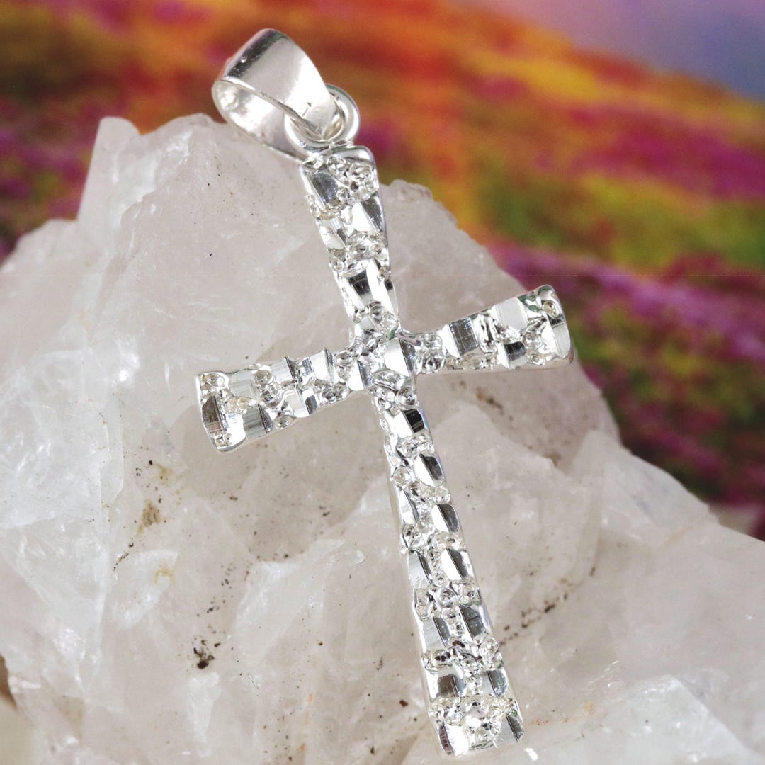Sterling Silver Diamond Cut Nugget Cross Pendant, 1 3/8" Tall + 1/4