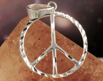 Sterling Silver Diamond Cut Peace Sign Pendant. 1" tall + 1/4" bail